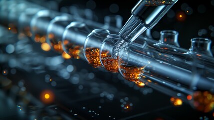 An abstract background shows a pipette adding fluid to several test tubes. - obrazy, fototapety, plakaty