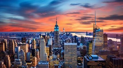 Aerial panorama of New York City skyline at sunset with both midtown and downtown Manhattan 