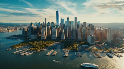Aerial Photo of Manhattan Island with Office and Apartment Buildings. Hudson River Scenery with Yachts, Boats, One World Trade Center Skyscraper in the Middle  - obrazy, fototapety, plakaty
