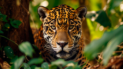 A jaguar stalking its prey in the undergrowth, the bottom of the jungle, a stalking predator
