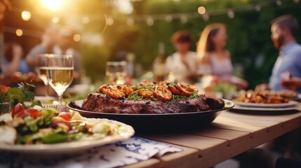 Close Up, Backyard Dinner Table with Tasty Grilled Barbecue Meat, Fresh Vegetables and Salads. 