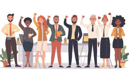 Fototapeta premium Illustration of a joyful, diverse group of colleagues celebrating success with raised hands in a show of unity and teamwork.