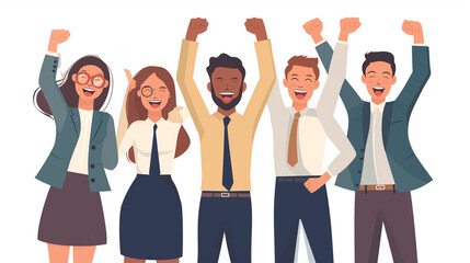 Illustration of a joyful, diverse group of colleagues celebrating success with raised hands in a show of unity and teamwork.