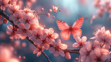 Banner with branches of blossoming cherries against background of blue sky and butterflies. Pink sakura flowers, romantic landscape panorama, copy space.