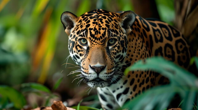 A jaguar stalking its prey in the undergrowth, the bottom of the jungle, a stalking predator