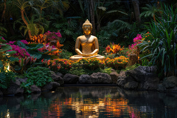 golden buddha with glowing colorful flowers, natural tropical garden