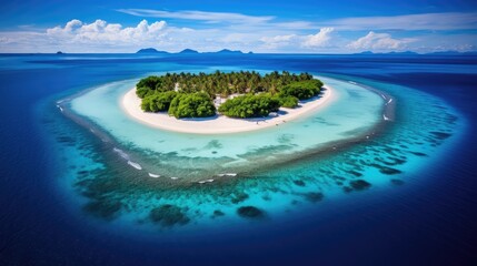An island in the middle of the sea, surrounded by blue water and white sand, deep color, colorism, 