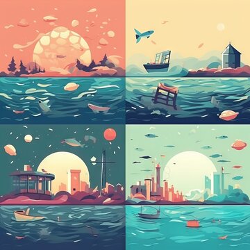 collage illustrating various sea scenes. Boats and ships in locations and situations: overcoming waves, adventure and travel, sea life or adventure Concept: recreation, marine ecology or fishing.