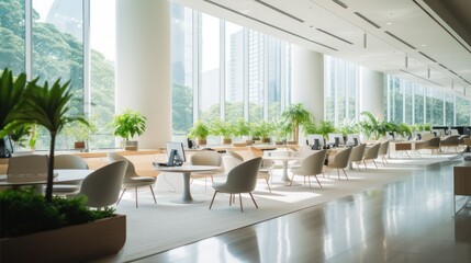 Fototapeta premium Modern office with natural light, green plants, and city view