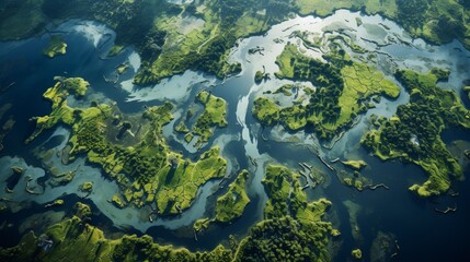 Fototapeta na wymiar aerial view of a river delta with lush green vegetation and winding waterways 