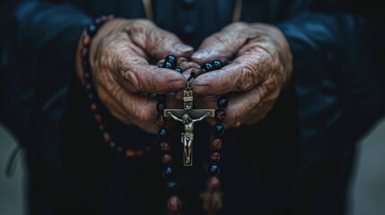 Weathered hands hold a crucifix rosary tightly, a profound symbol of faith and prayer. True to his religion. Hands holding a Rosary in prayer.