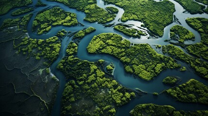 aerial view of a river delta with lush green vegetation and winding waterways 