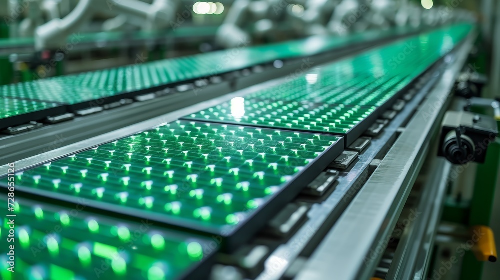 Poster in a modern bright factory, a large production line with white robot arms is assembling solar panels