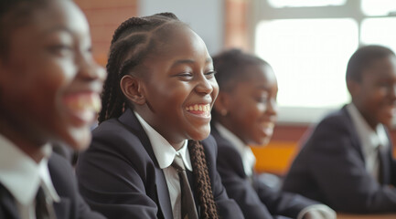 group of pupils and adolescents in classroom laughing and smiling - obrazy, fototapety, plakaty