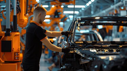 Amid the mechanical symphony of the assembly line, focused men meticulously craft each automobile, their expertise and precision shaping the future of transportation.