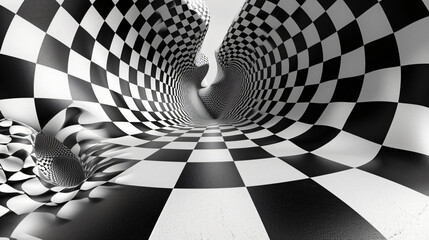 Black and white race flag chessboard with a trippy, hippie, wavy look from the 1970s. - obrazy, fototapety, plakaty