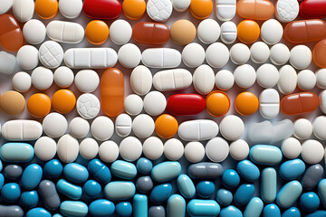 Background with pills and capsules in neon blue and purple colors. Medical drug or dietary supplement concept