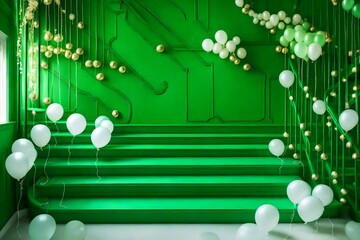 Captivating Green and White Balloons Against a Stunning Staircase Backdrop: Elevate Your Event with Vibrant Decor and Elegant Atmosphere.