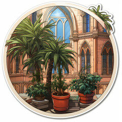 Lush Potted Palm Trees in Elegant Church Interior

