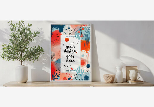 Poster Frame Mockup Interior: White Picture Frame on Wooden Table with Vase, Coffee, and Flowers, By Window Sill and White Wall