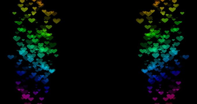 Abstract rainbow gradation heart bokeh animation material (black background).  overlays and frames.