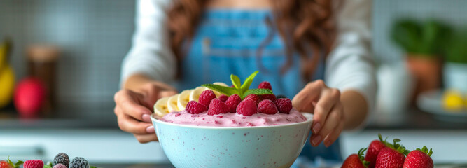 Woman making fruit yogurt smoothie