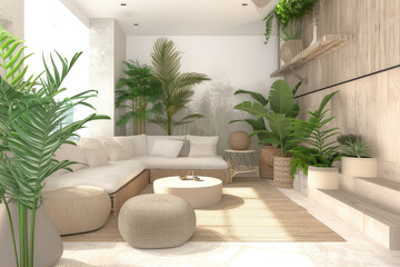 Fototapeta na wymiar living room with a white wall and green plants