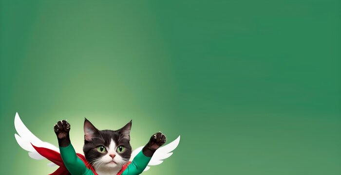 A flying cat in a turquoise superhero costume on a green background. with space for text