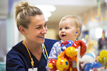 A hearing-impaired, deaf child with a hearing aid in the arms of a nurse during a visit to the clinic for a health consultation. Accessible environment and devices for Children with disabilities