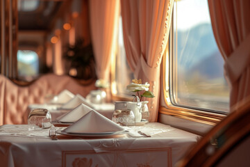 Generative AI illustration of luxurious train dining car