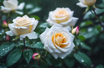 Blooming bush rose in the rain. Spring background with white roses. Selective soft focus. Banner