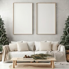 Blank Canvas Magic, Christmas Living Room Mockup with Empty White Frames