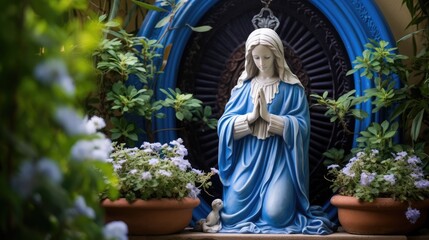 Obraz na płótnie Canvas Image of Our Lady in a blue mantle kneeling in front of a well reaching out with a rosary in her right hand to reach a man from inside the well in a garden with flowers