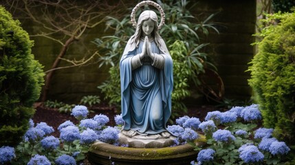 Image of Our Lady in a blue mantle kneeling in front of a well reaching out with a rosary in her right hand to reach a man from inside the well in a garden with flowers 