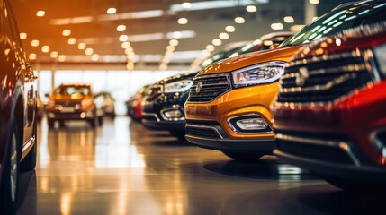 In the car showroom, all kinds of new cars are arranged neatly, Extreme closeup, long exposure, new...