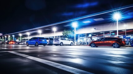Fototapeta premium In the car showroom in the middle of the night, the cars are shining in the light,