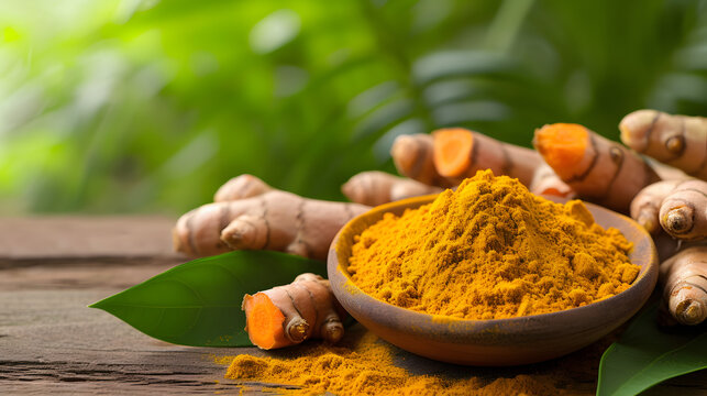 Turmeric (curcumin) powder and fresh rhizome with turmeric plant background 