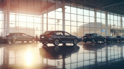 In the fresh morning, in the car showroom, the sun shines through a large area of glass windows on all kinds of cars,