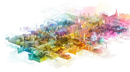 isometric cityscapes, conceptual mapping, white background, geometric diagram showing various surfaces of European landscape with transparent layers atlas of cities and residential neighborhoods