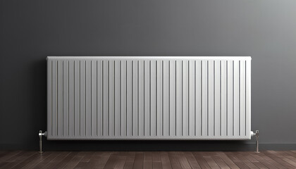 White radiator battery on grey background in apartment