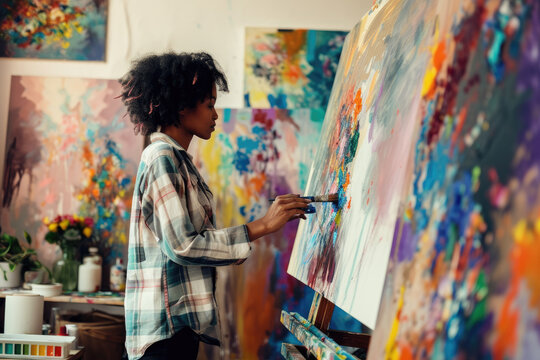 African American Female Artist Creating Abstract Painting