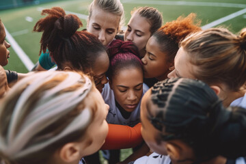 Fototapeta premium Unified Female Soccer Team in Pre-Game Huddle