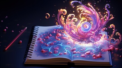 an open book with an purple fountain inside