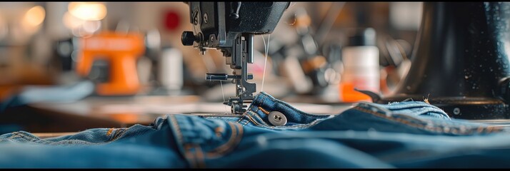 Industrial sewing machine stitching denim blue jeans in the factory - obrazy, fototapety, plakaty