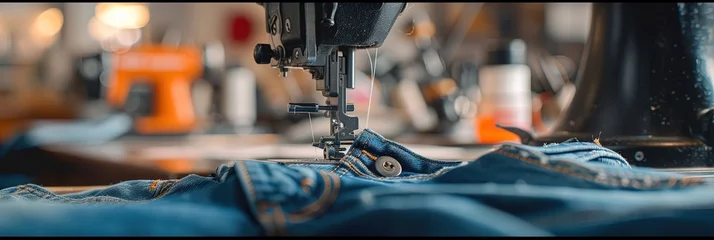 Foto op Plexiglas Industrial sewing machine stitching denim blue jeans in the factory © Brian
