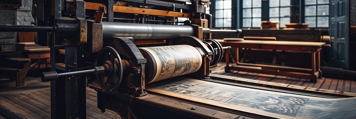 Printing press with paper rolling through it and being stamped with ink