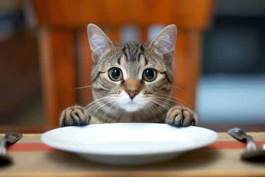 A cute pretty cat is sitting hungry at the table in front of an empty plate