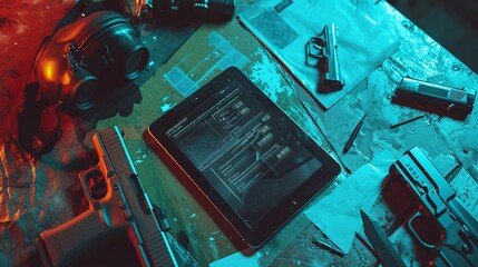 A tablet with on-screen notes located on a desk surrounded by a pistol, a gas mask, and a knife. - obrazy, fototapety, plakaty