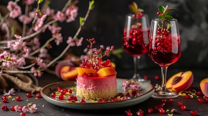 Tonka bean cheesecake in a glass with peach-elderberry paste and pomegranate air, on a small noble plate and around Pomegranate, peach, elderflower, lemon zest, two red drinks in wine glasses