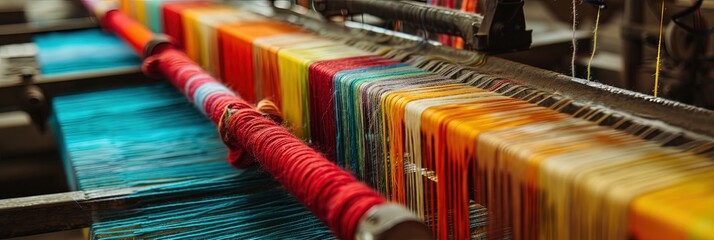 A loom weaving colorful yarn on an industrial scale